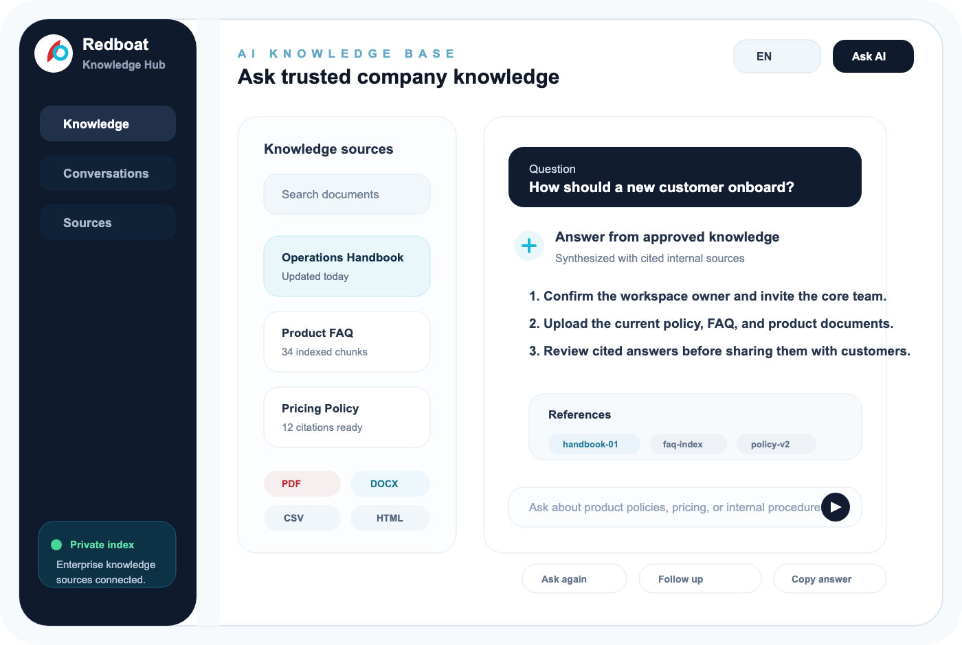 Redboat AI Knowledge Base product preview with source documents, cited answers, and a question input